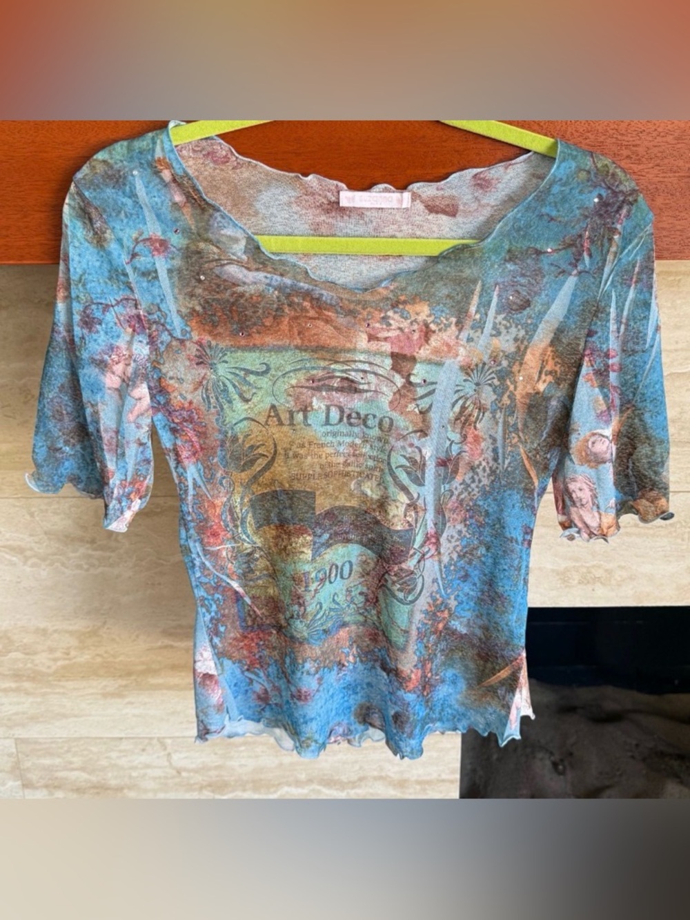 Anna Blue Multi Art Deco Print Short Sleeve Top